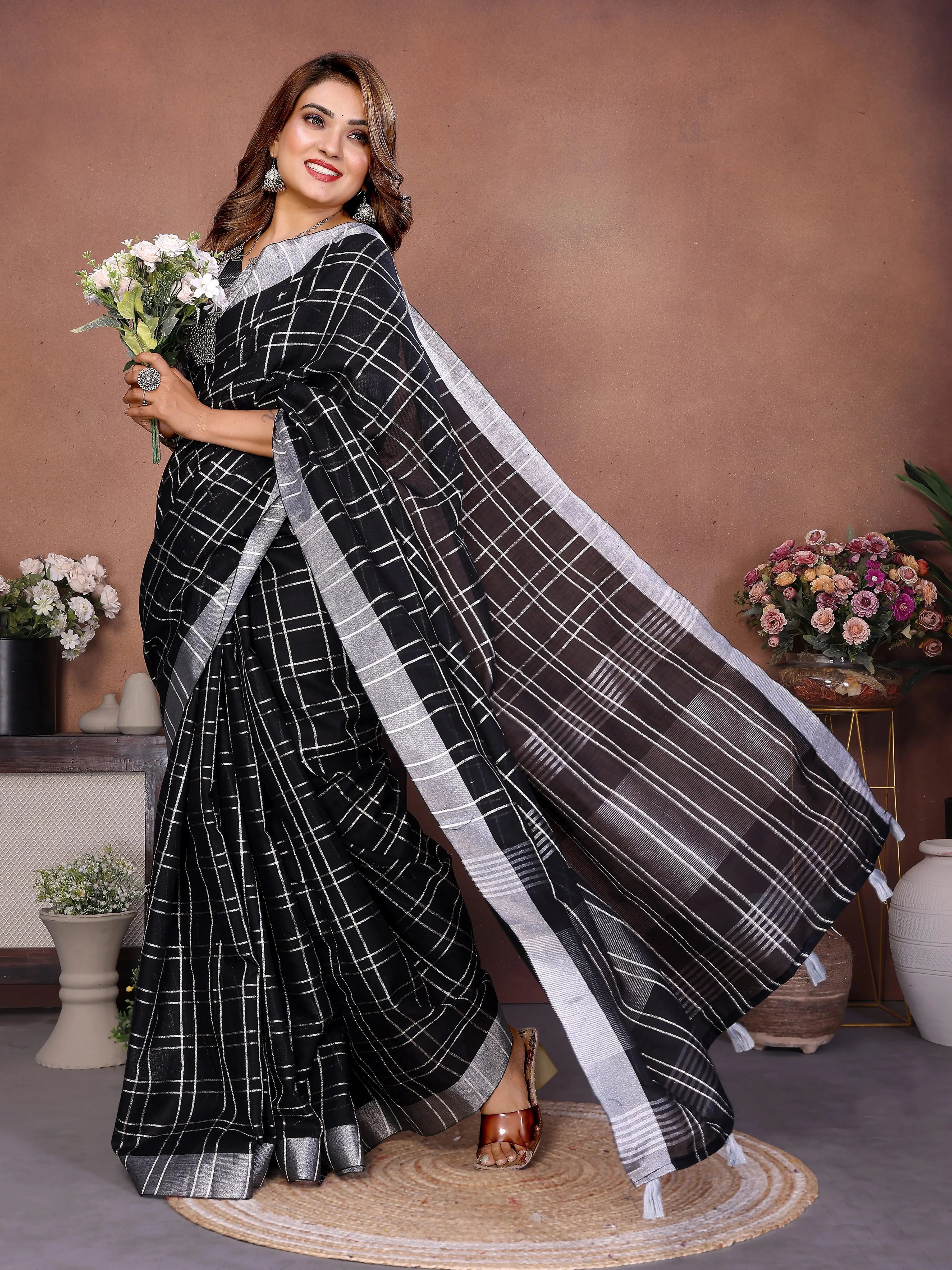 Black Ached Weaving Soft Linen Saree - kalyanja